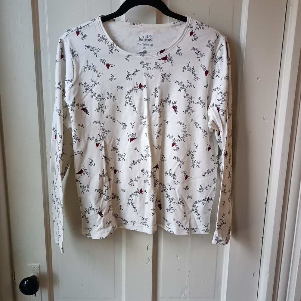 Croft & Barrow White Long Sleeve Tee with Red Floral Print